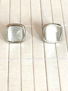 Vintage Silver Tone Square Cufflinks Faux Opal White Clear Men’s Dress Formal